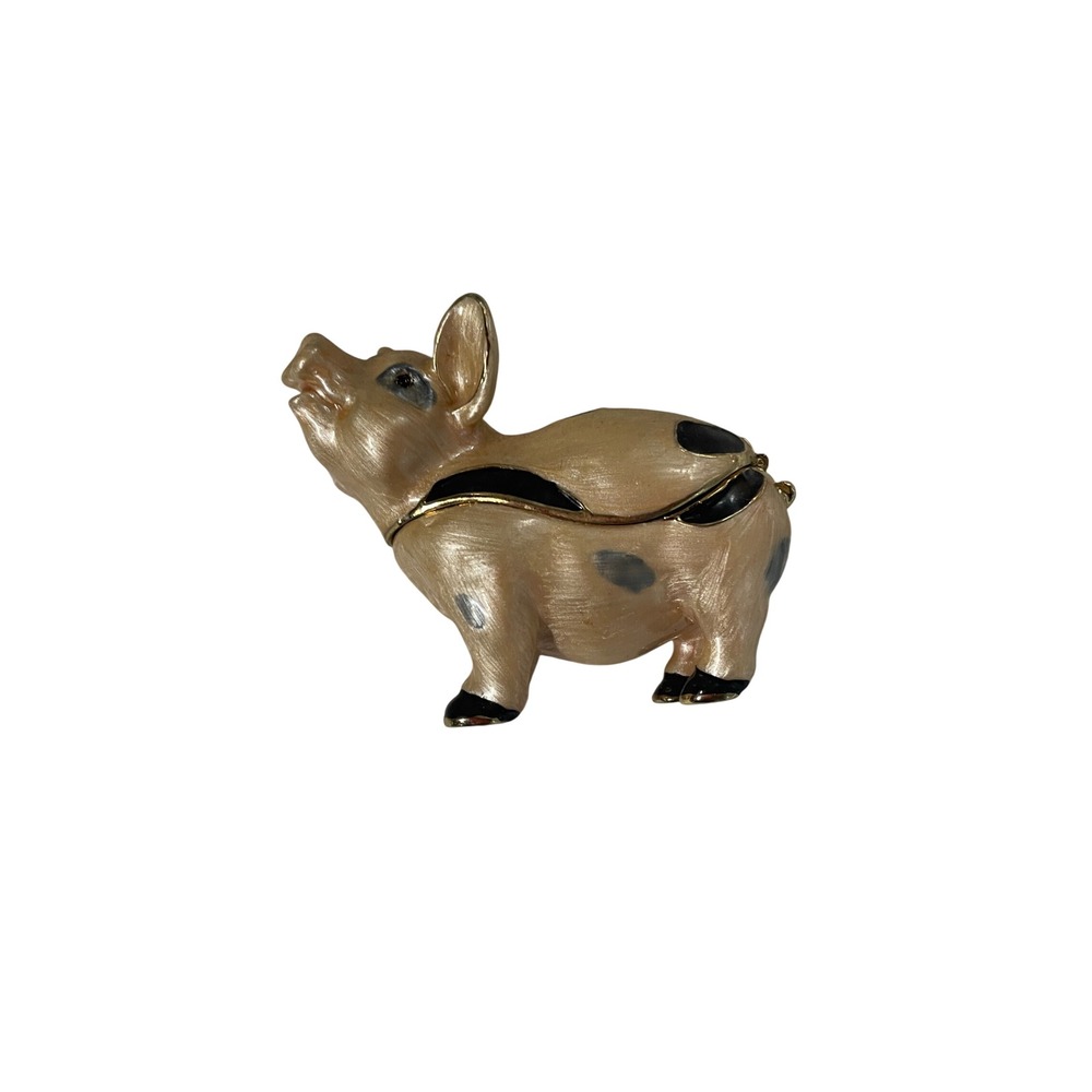Enamel Pig Trinket Box Hinged Spotted Gold Tone Collectible Jewelry Box